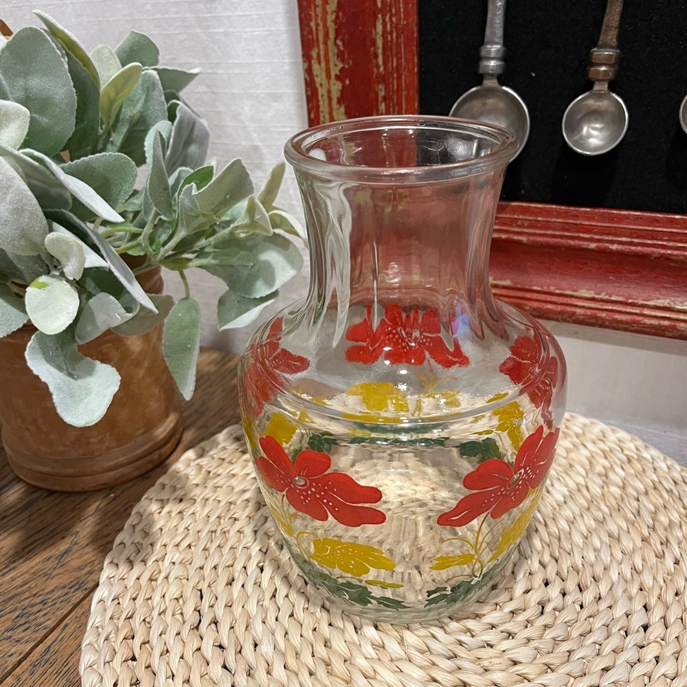 Anchor Hocking – Clear Glass Carafe – Red & Yellow Floral – No Lid